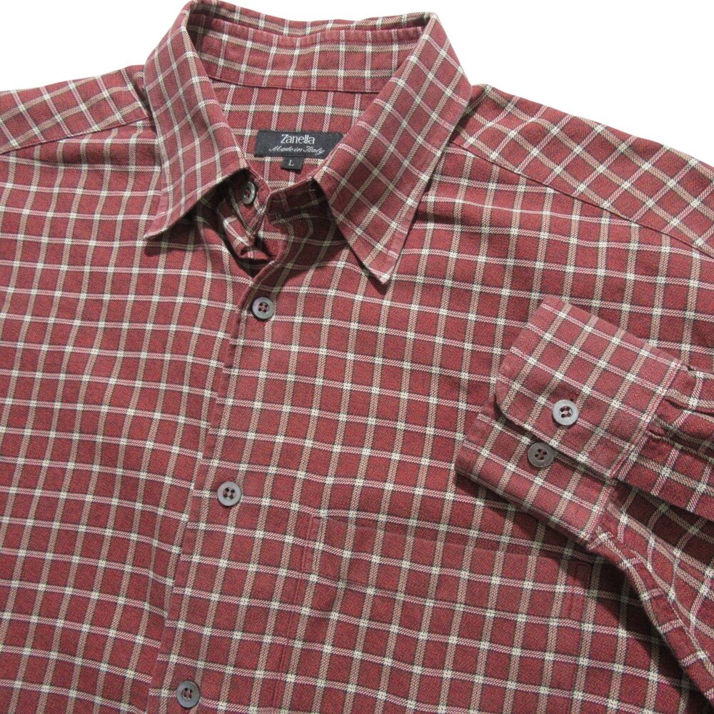 Zanella Mens Button‎ Up Shirt L Red Plaid Stretch Pocket Long Sleeve